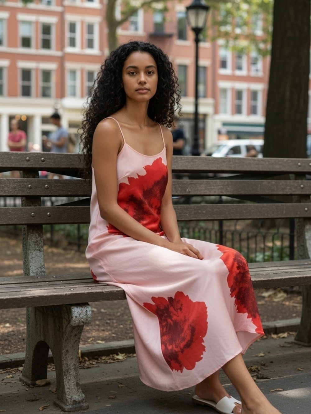 Suboo Pink Slip Dress with Red Floral Prints